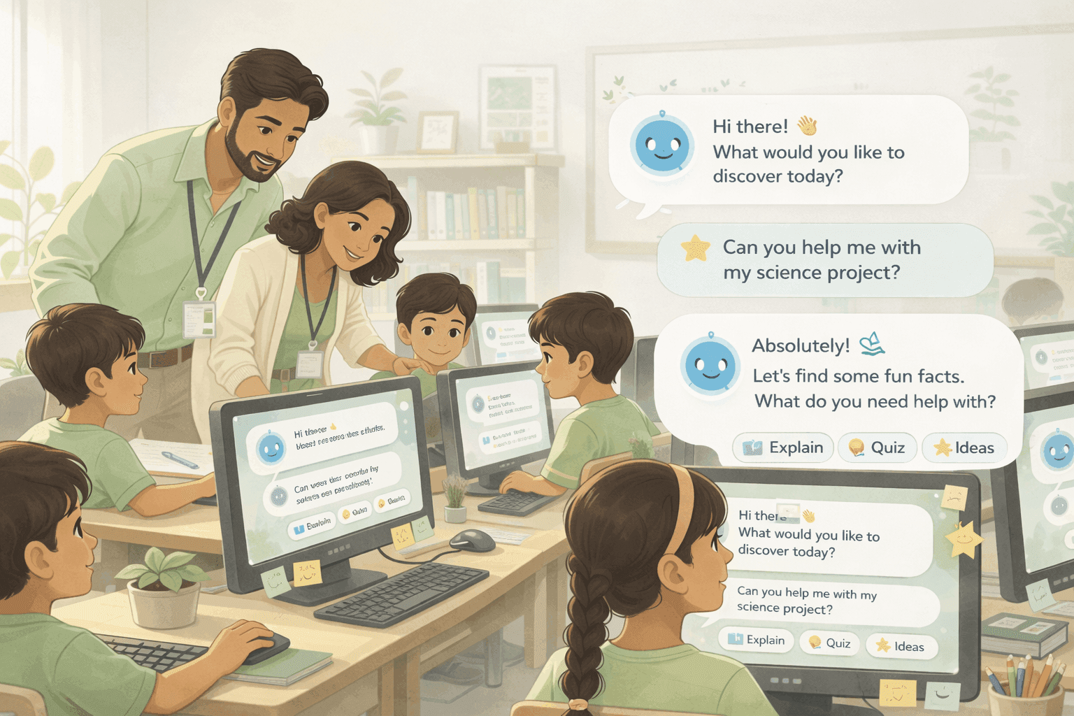 Students and teacher in a modern classroom with technology—collaborative learning environment
